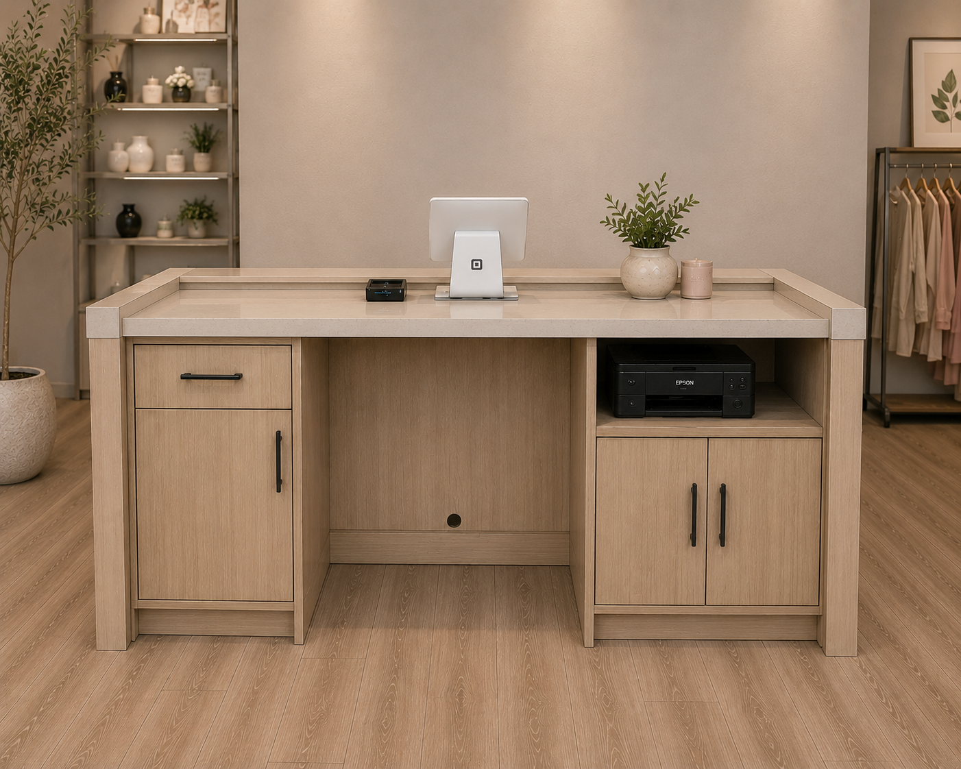 A light oak wood retail counter with a matching surface, featuring a left-side drawer, a right-side cabinet with two doors, and an open center space. The desk is styled in a home office setting with a computer monitor, potted plants, and a printer on top.