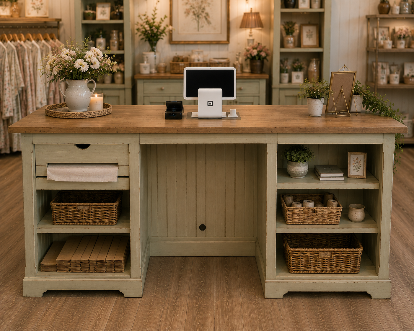 A large rustic farmhouse-style retail counter / checkout counter with a light sage green painted frame and a warm medium-brown wood top, styled in a cozy, rustic shop interior.