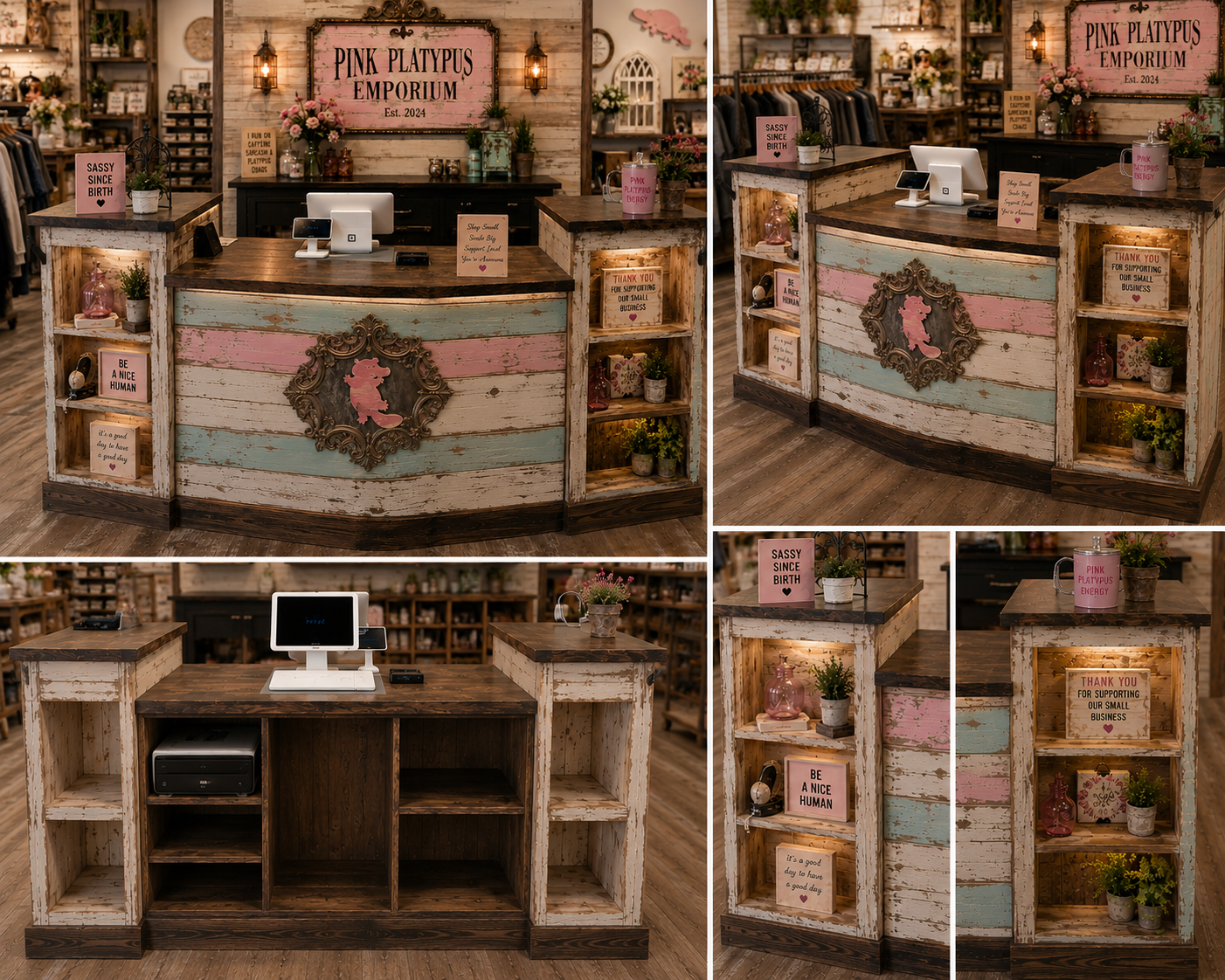 A rustic wooden reception desk with distressed white, pink, and light blue panels, shown in a collage of four views. The desk features built-in shelving on the sides with warm LED lighting, a central decorative crest, and a dark wood top.