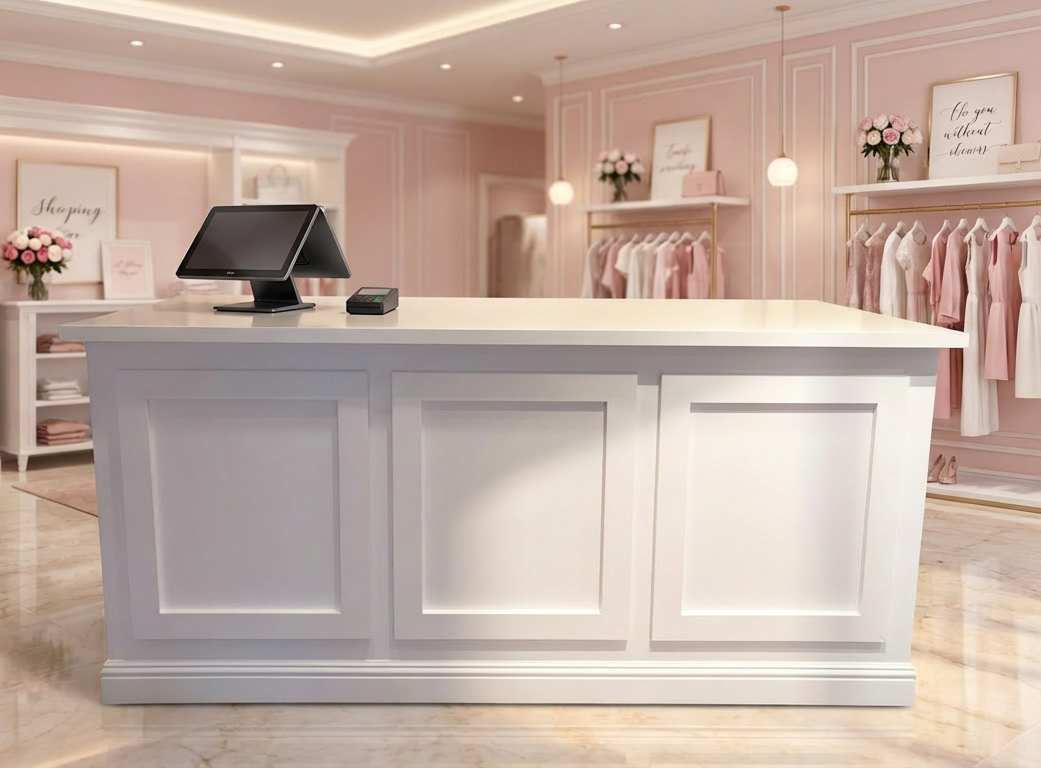 custom retail checkout counter white wood boutique POS counter with drawer and storage for clothing store display made by Red Cloak Home