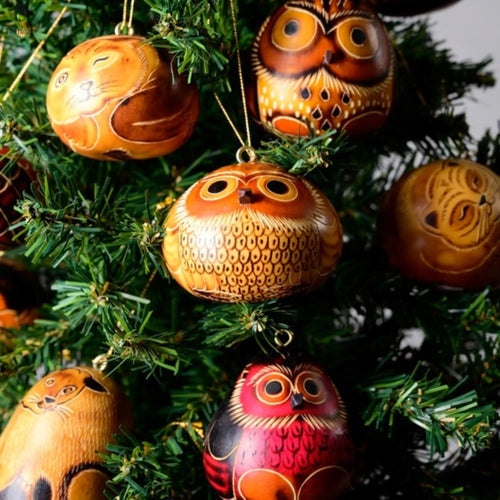 Hand Carved Gourd Owl Ornament Red Cloak Wood Designs Inc