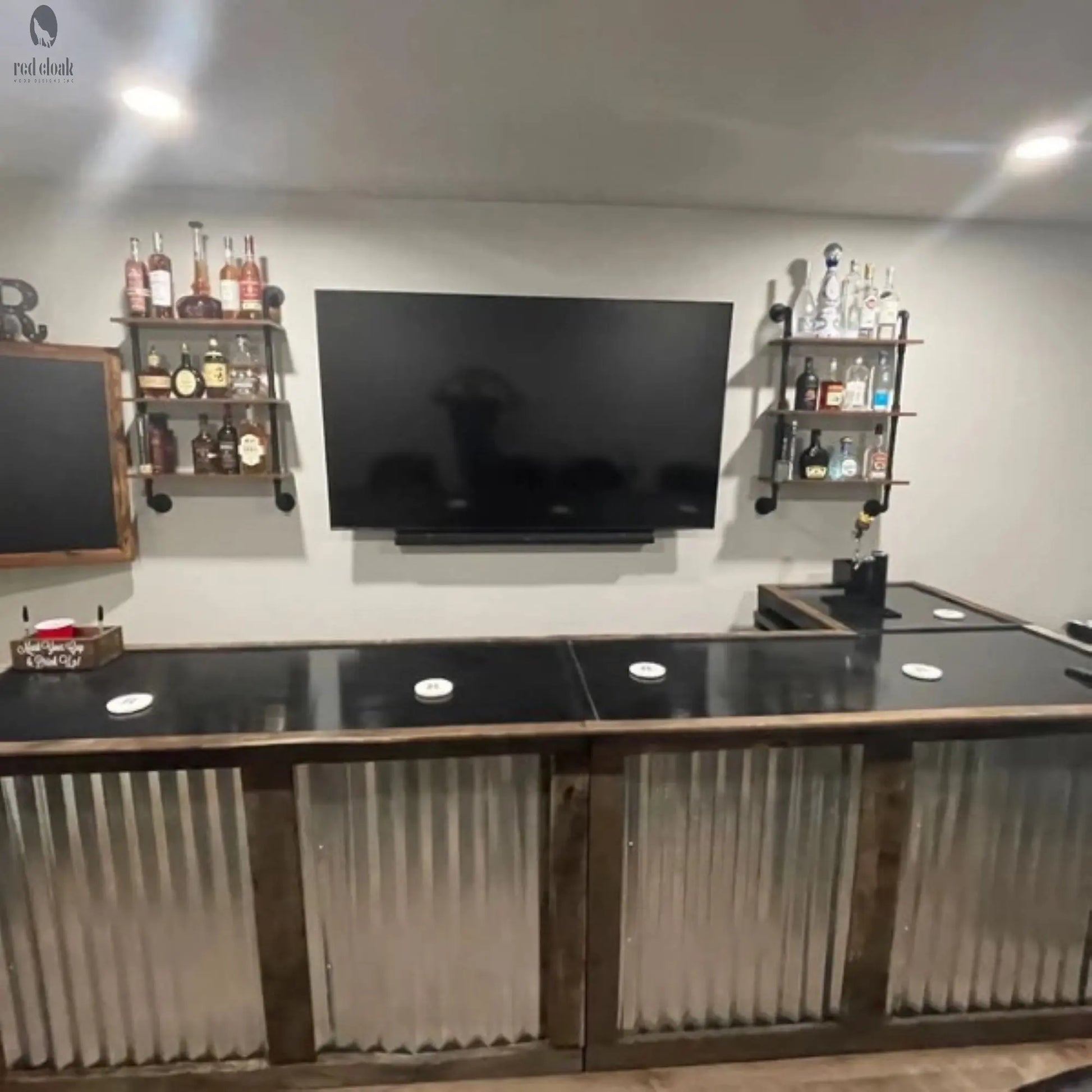 L Shaped Bar with Galvanized Metal-Indoor Bar-Outdoor Bar-Man Cave Bar Red Cloak Wood Designs Inc