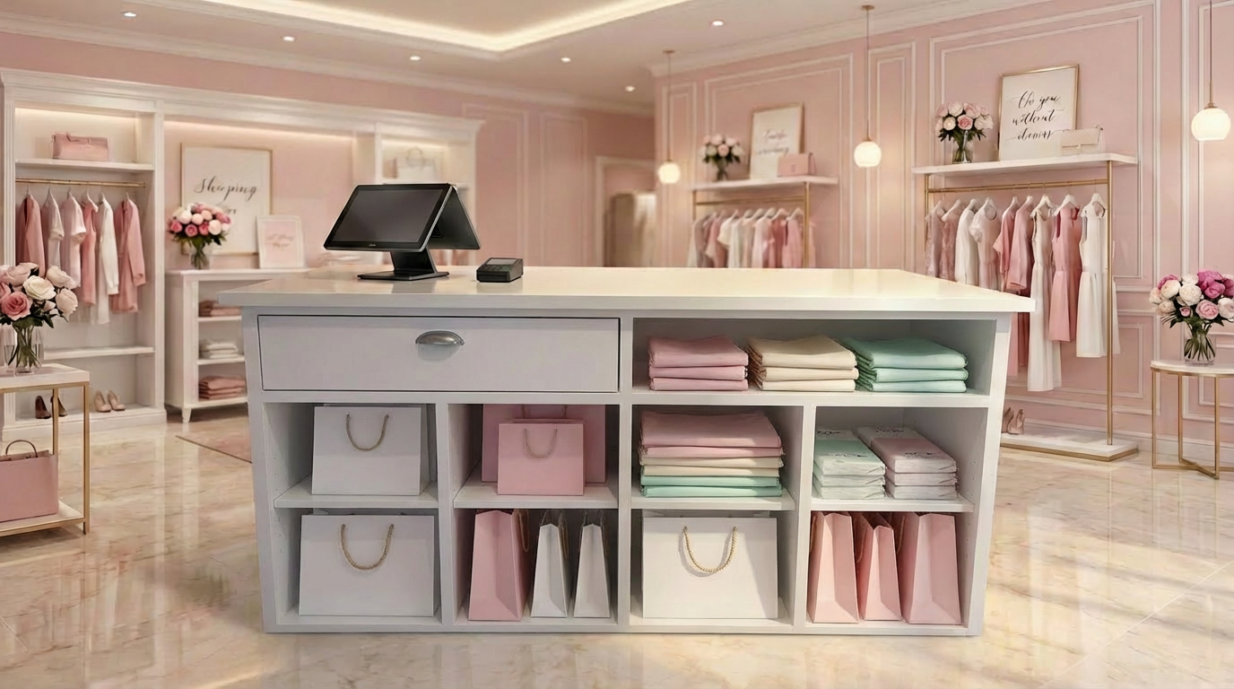 custom retail checkout counter with storage cubbies filled wood POS counter boutique store setup with organized shelves and display