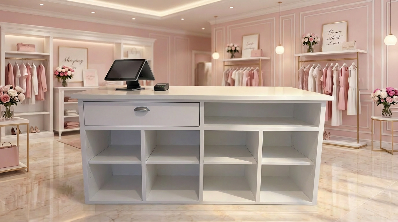 custom retail checkout counter with storage cubbies and drawer wood POS counter back view for boutique store workspace organization