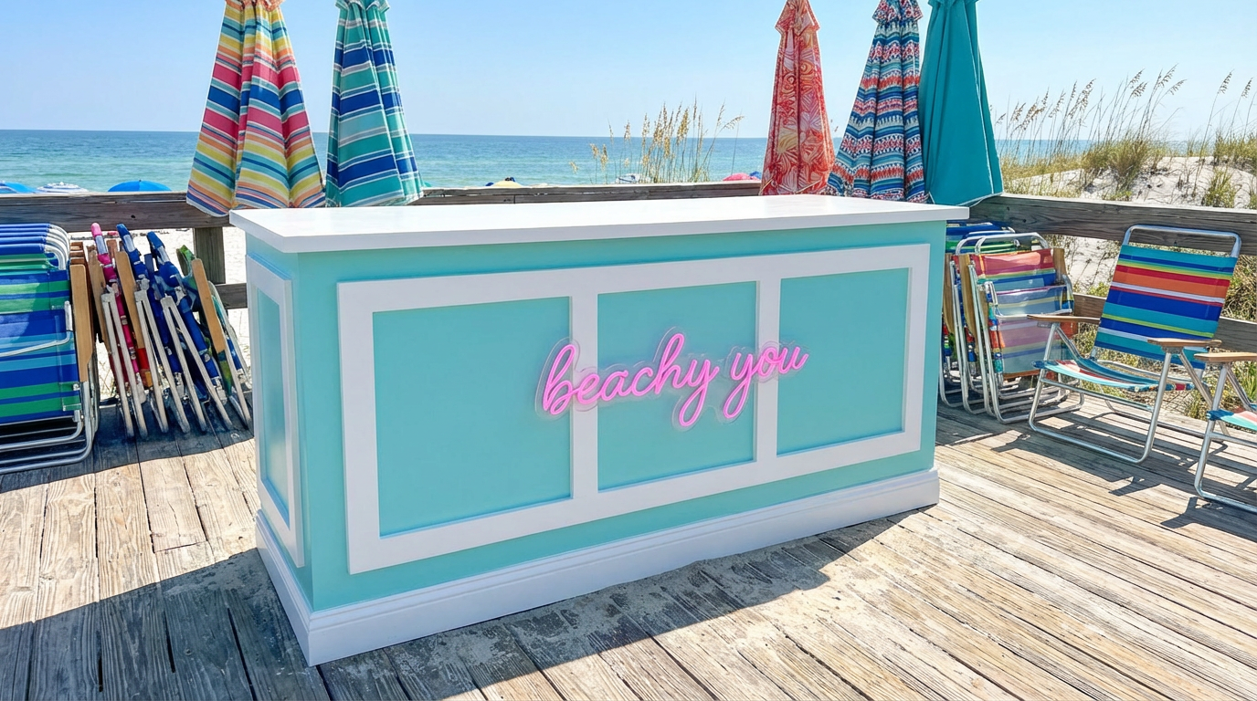custom retail checkout counter outdoor wood POS counter beach bar style with branded front panel for coastal shop setup