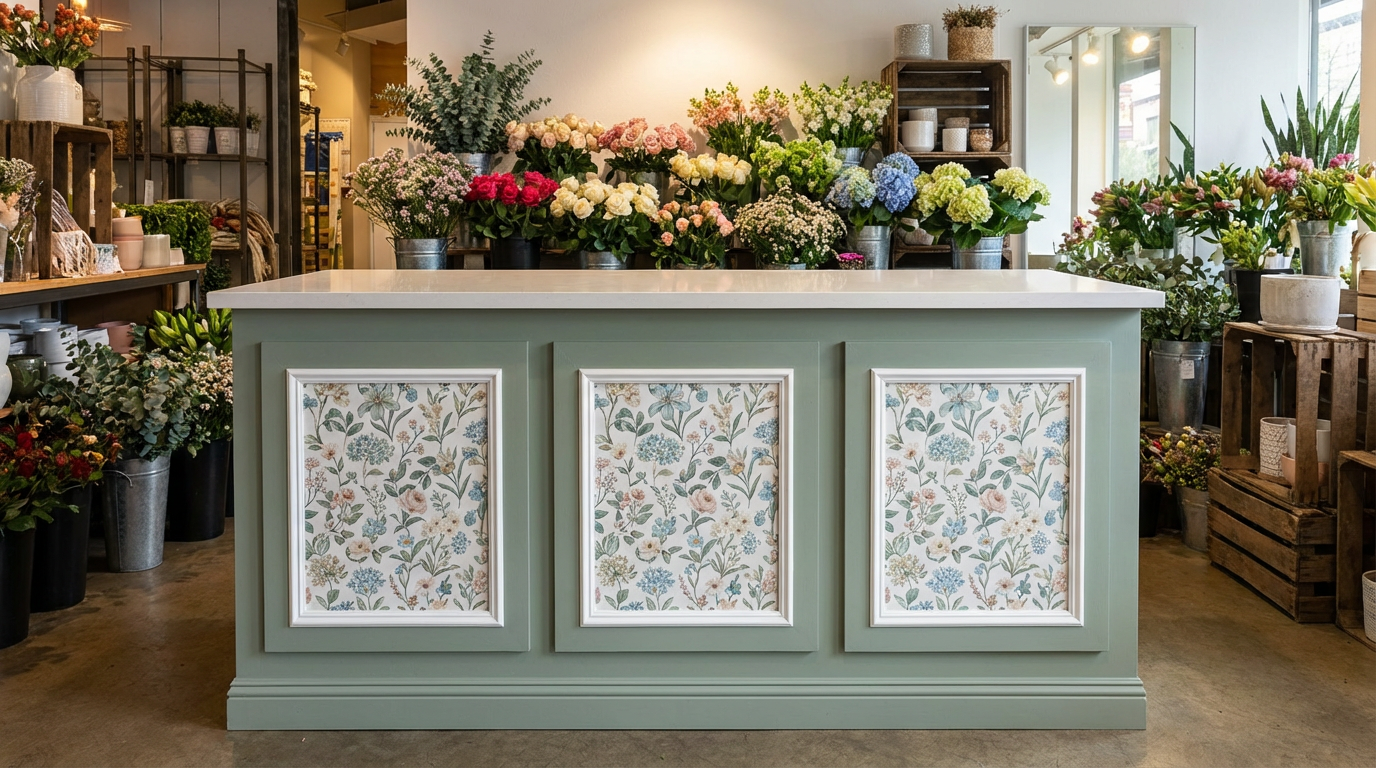custom retail checkout counter with decorative panels wood store counter for flower shop POS with storage workspace