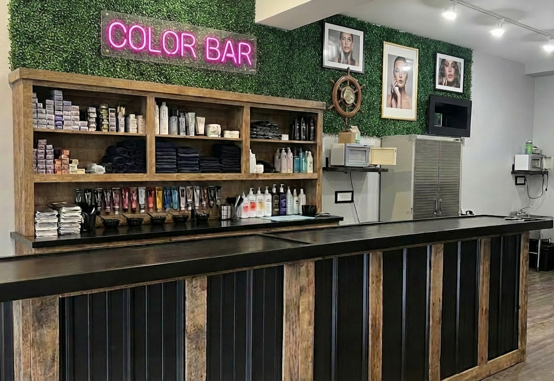 custom salon color bar station installed in hair salon with back bar shelving and organized color mixing supplies