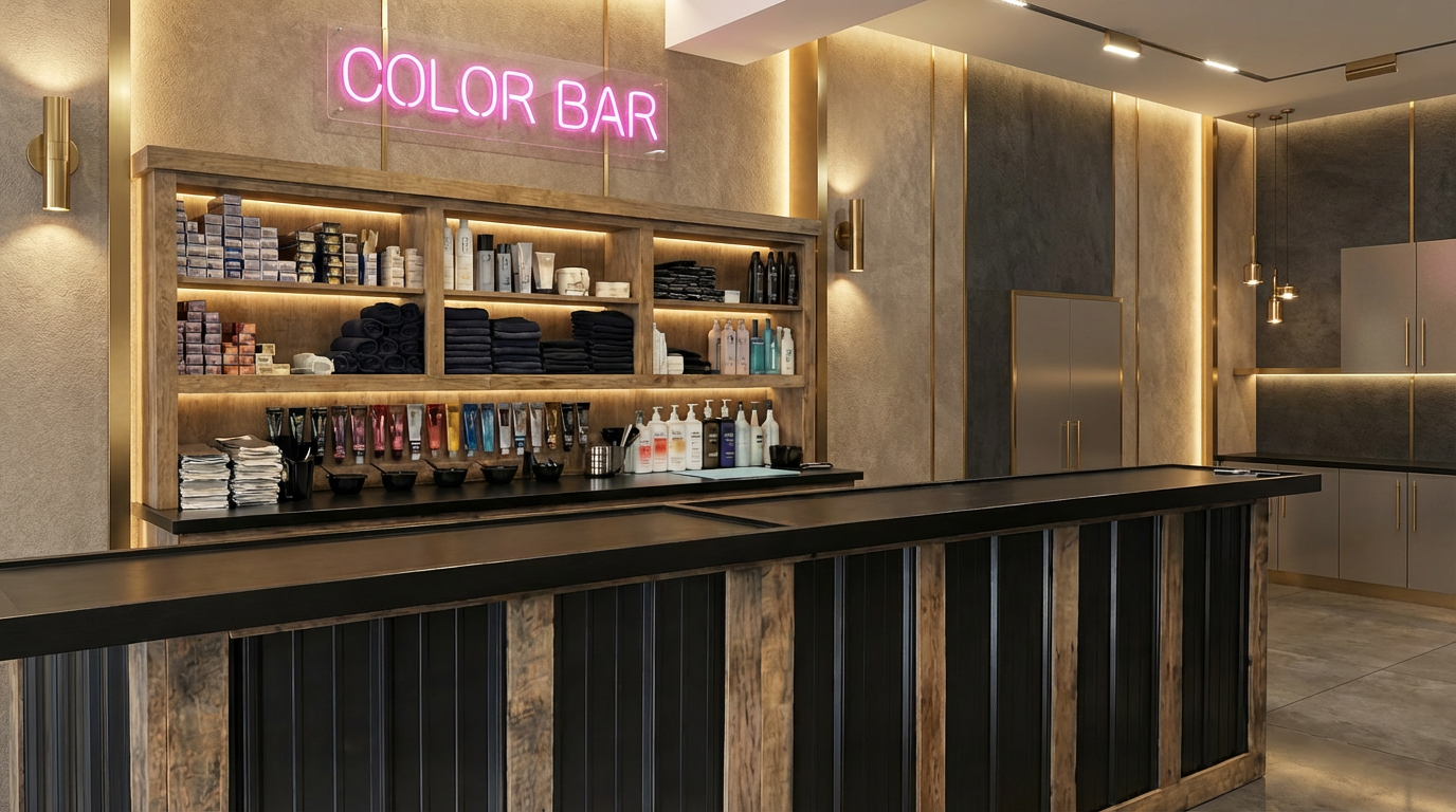 professional salon color bar station with back bar storage and shelving for organized hair color mixing workspace
