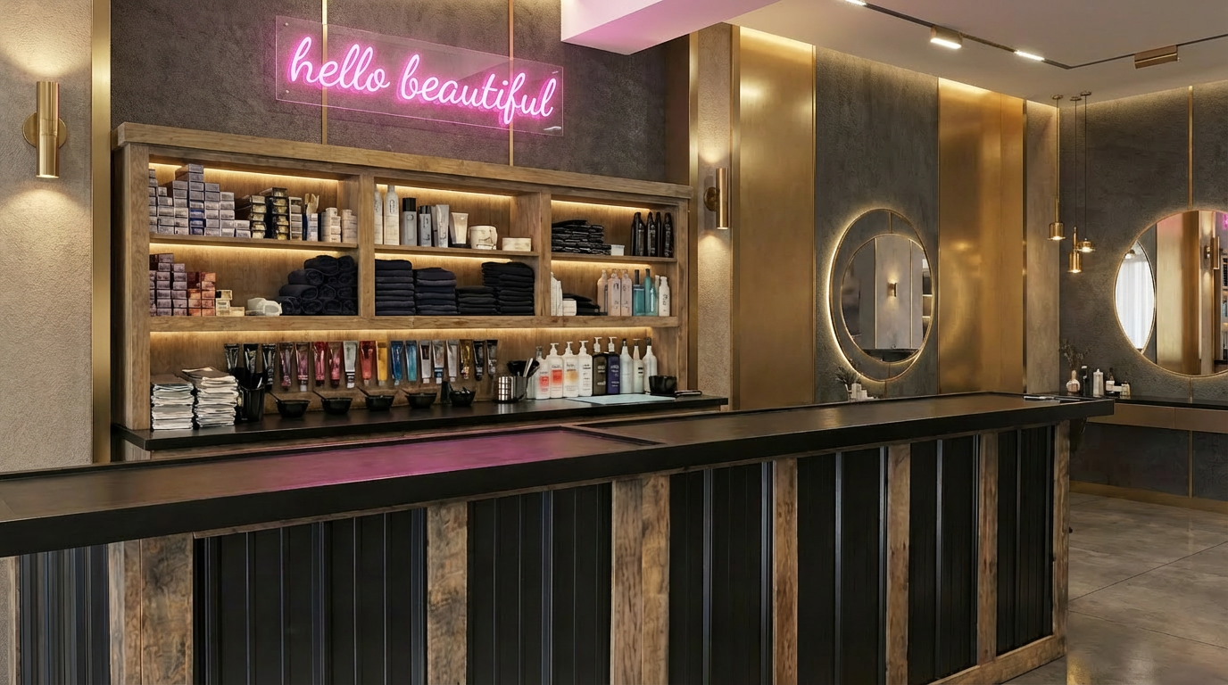 custom salon color bar station with back bar storage and hutch for professional hair salon workspace organization