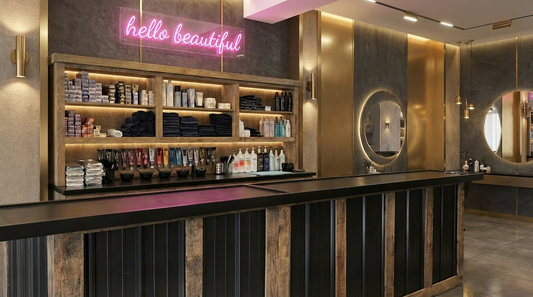 custom salon color bar station with back bar storage and hutch for professional hair salon workspace organization