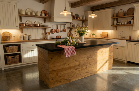 custom wood kitchen island with seating in farmhouse kitchen, large solid wood island with double sided overhang, indoor kitchen island furniture for dining and entertaining