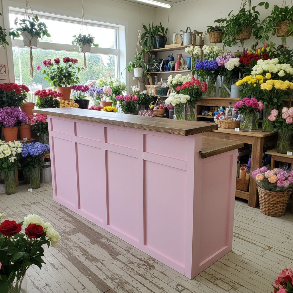 Pink boutique cash wrap counter with raised wood transaction ledge inside a flower shop. Handmade by Red Cloak Home