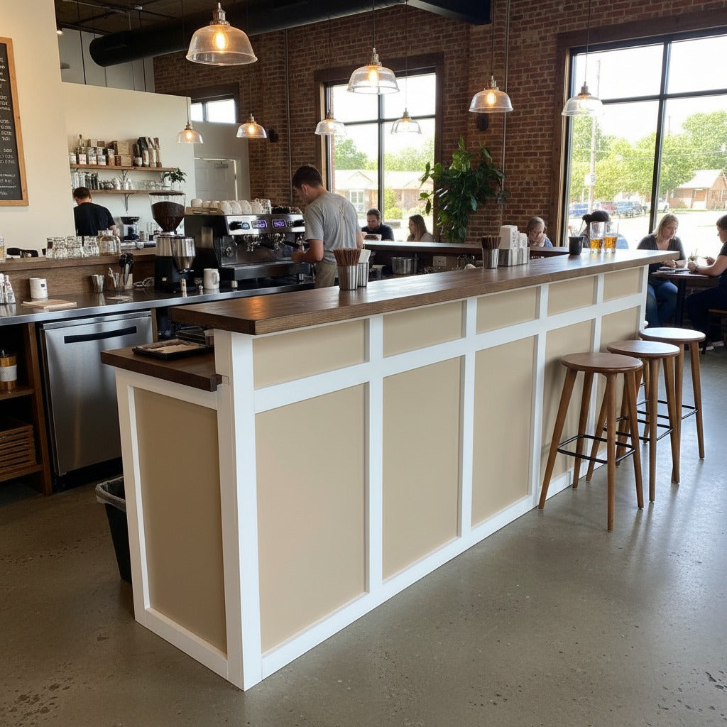 Beige and white commercial checkout counter with two-tier work surface inside a modern café. Handmade by Red Cloak Home
