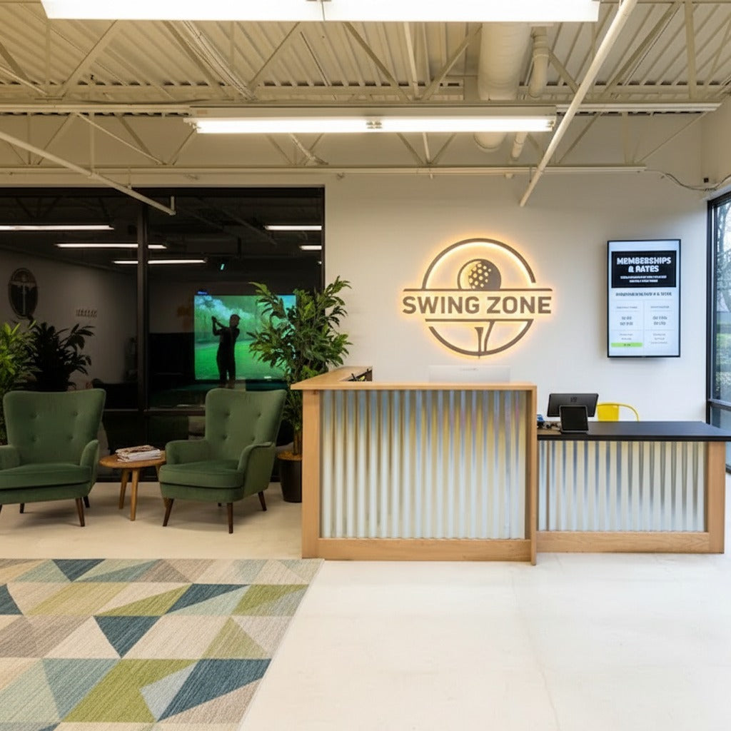 Industrial L-shaped front desk with wood framing and corrugated metal panels in a golf simulator reception area. Handmade by Red Cloak Home