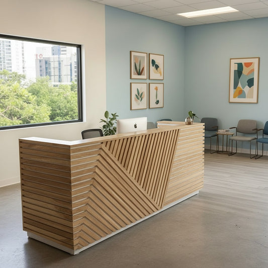 Geometric wood slat reception desk with raised transaction counter in a modern medical office lobby. Handmade by Red Cloak Home