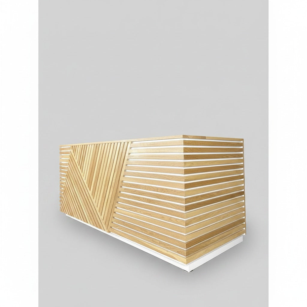 Angled rendering of a modern wood slat reception desk with geometric front pattern and white base. Handmade by Red Cloak Home
