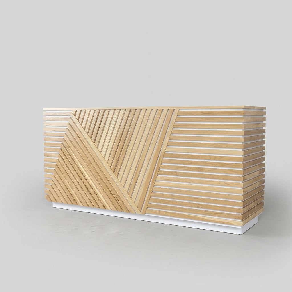 Front rendering of a custom reception counter with diagonal wood slats and horizontal side detailing. Handmade by Red Cloak Home
