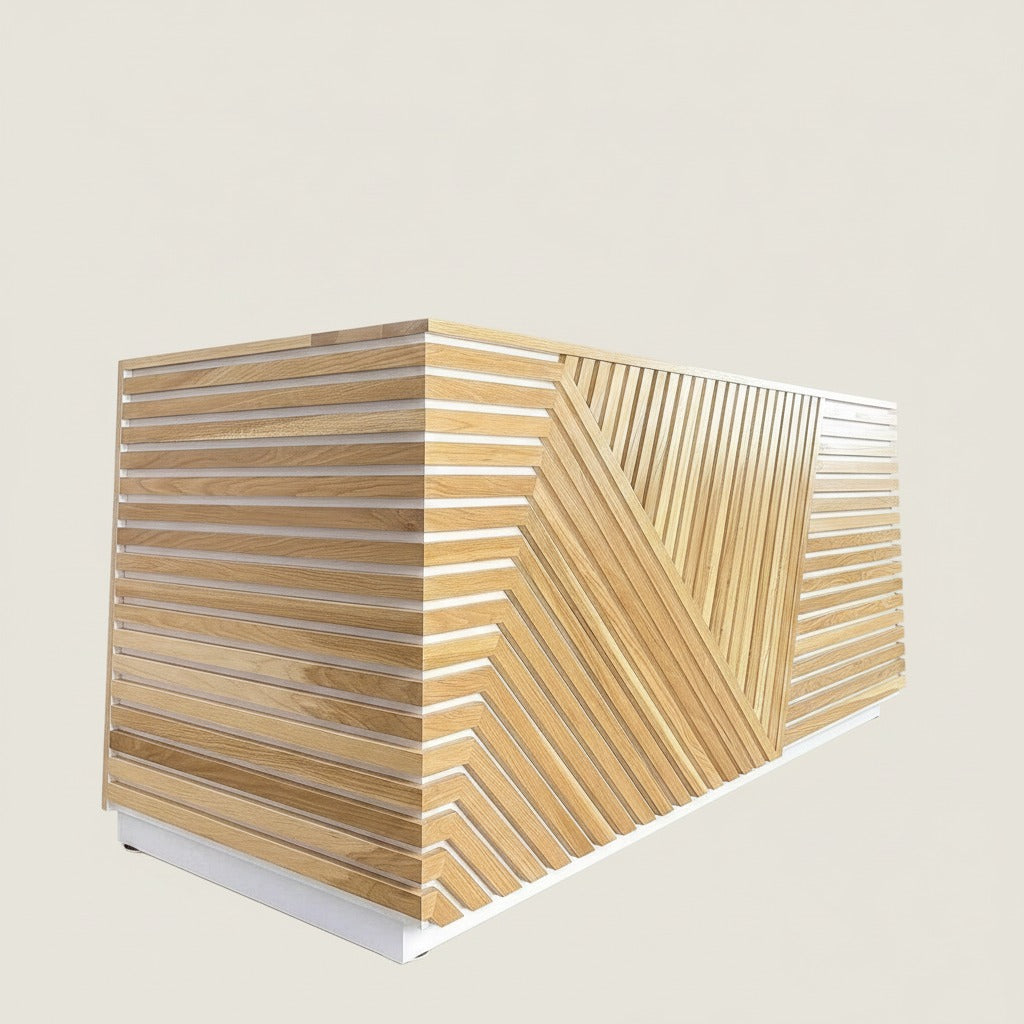 Side-angle rendering of a geometric wood slat reception desk with wrapped corner design. Handmade by Red Cloak Home