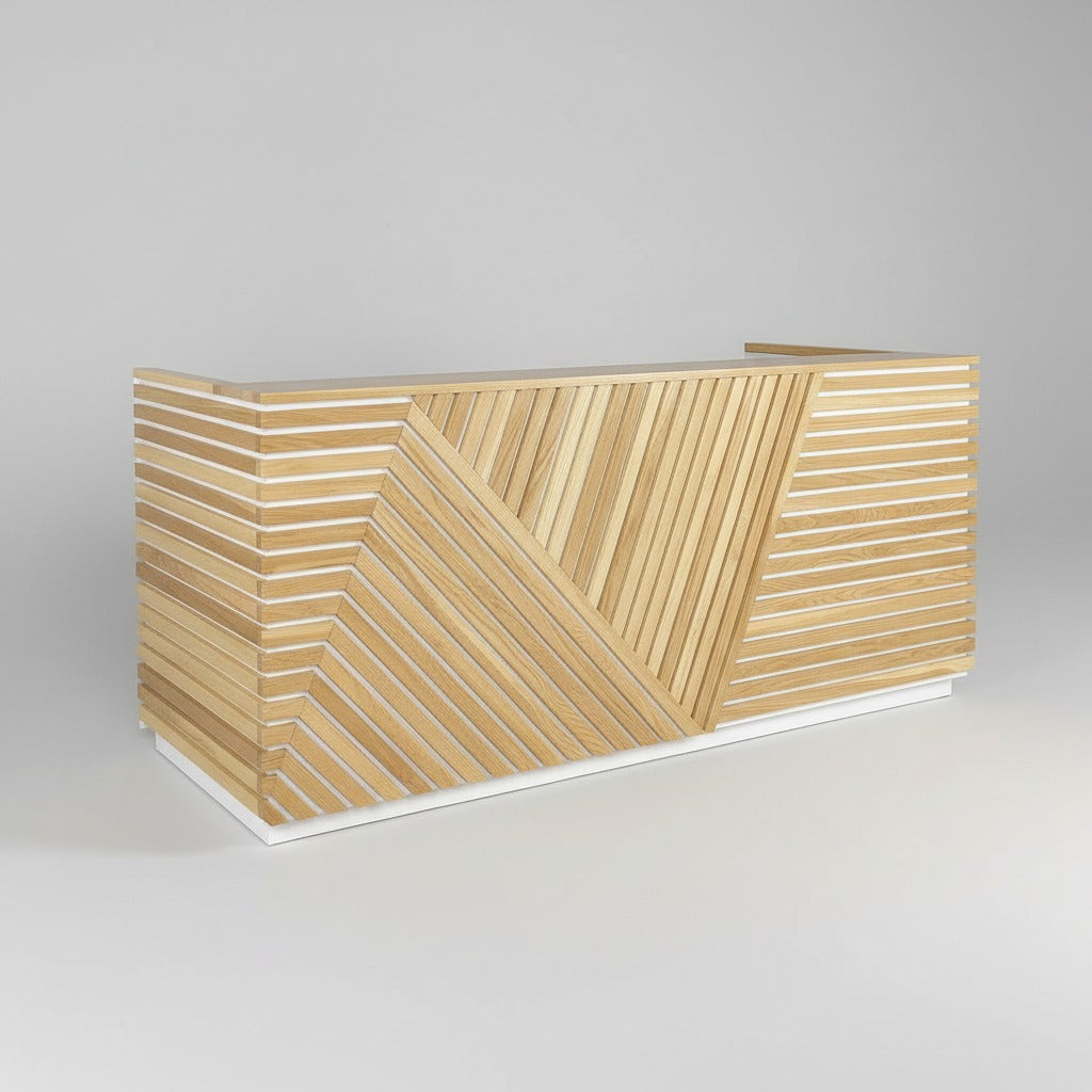 Wide rendering of a modern commercial reception desk with raised customer counter and slatted wood front. Handmade by Red Cloak Home
