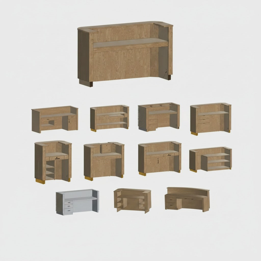 Custom reception desk storage layout options with shelves, drawers, cabinets, cubbies, and work surfaces. Handmade by Red Cloak Home