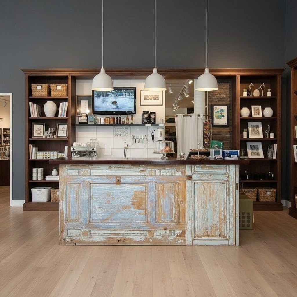 Vintage door checkout counter with weathered blue and white panels in a retail store. Handmade by Red Cloak Home