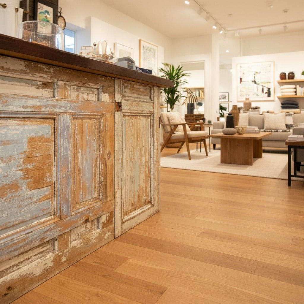 Close-up of the distressed antique door front and dark wood top on a custom cash wrap counter. Handmade by Red Cloak Home