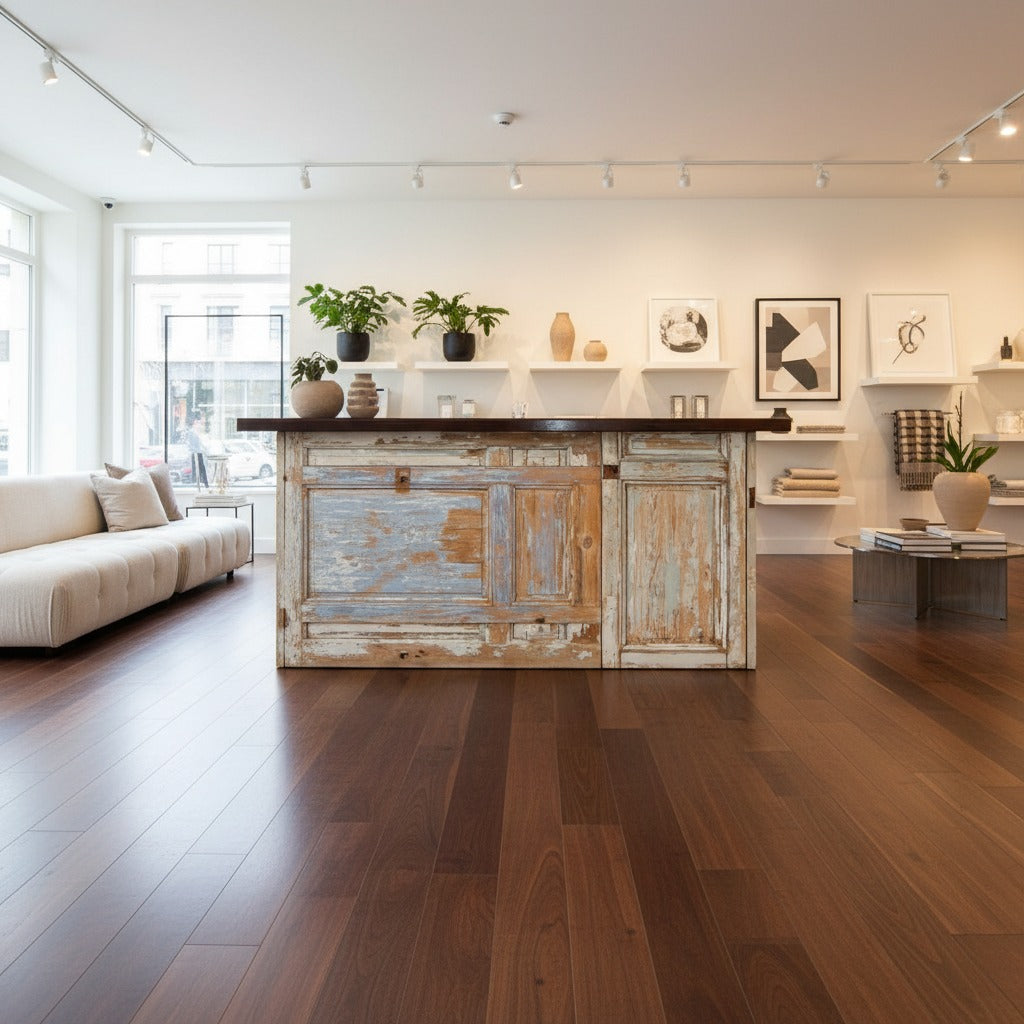 Reclaimed door cash wrap counter with weathered panels in a modern home décor store. Handmade by Red Cloak Home