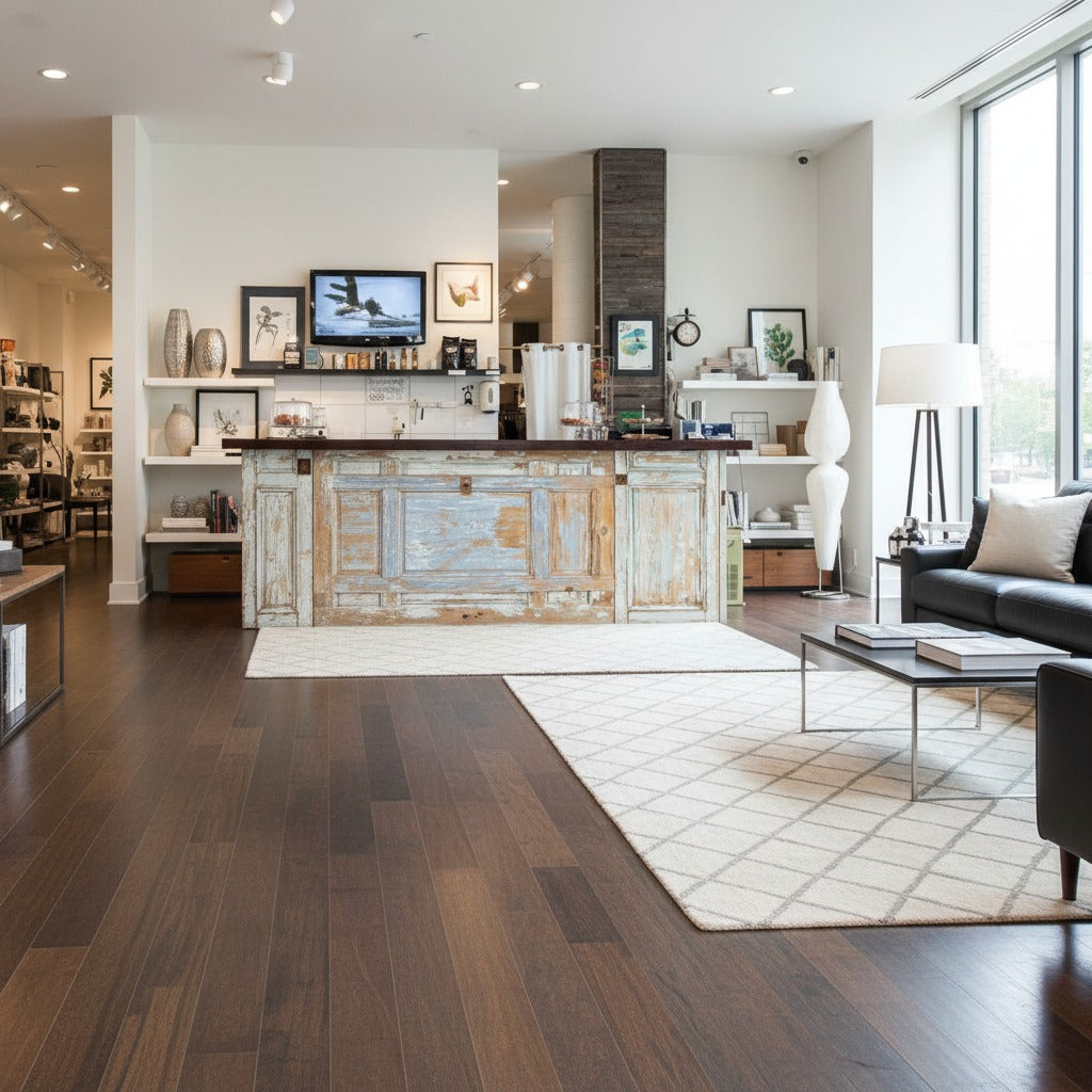 Wide view of a vintage door retail checkout counter inside a bright commercial showroom. Handmade by Red Cloak home
