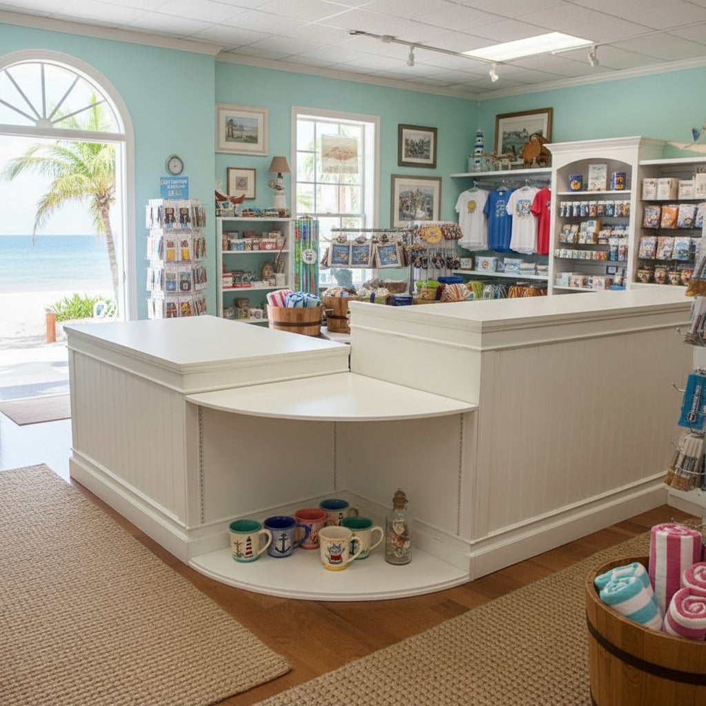 White U-shaped cash wrap counter with corner merchandise display in a beachside retail store. Handmade by Red Cloak Home