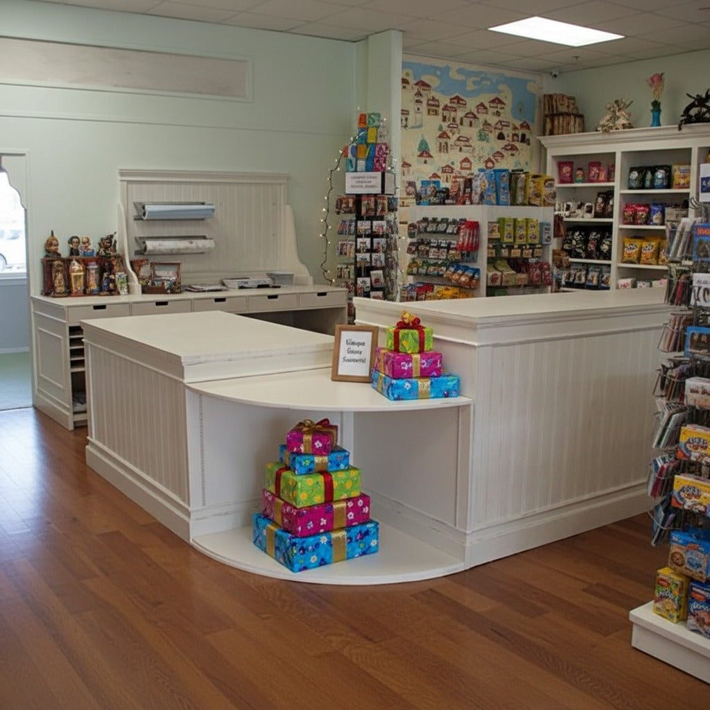U-shaped retail checkout counter with display shelving inside a fully stocked gift shop. Handmade by Red Cloak Home