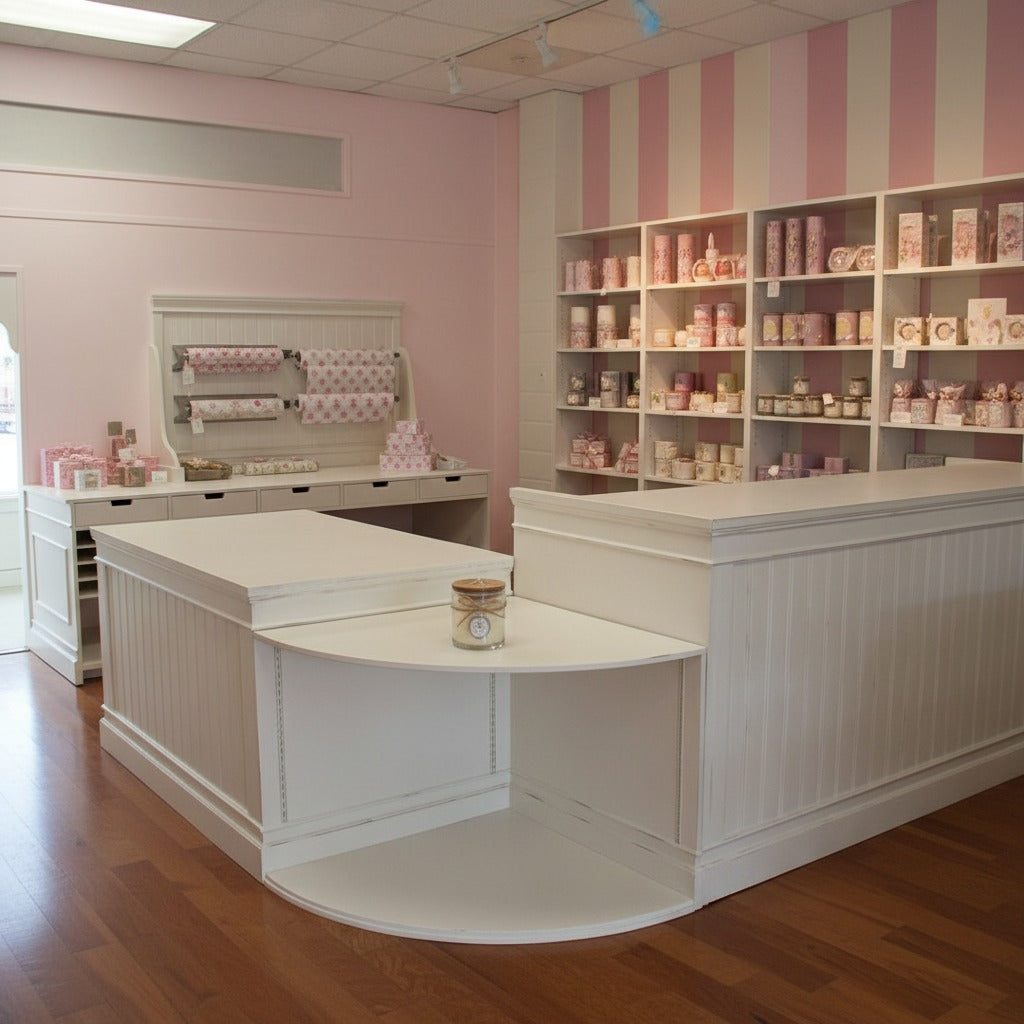 White boutique checkout counter with rounded display shelf in a pink specialty retail store. Handmade by Red Cloak Home