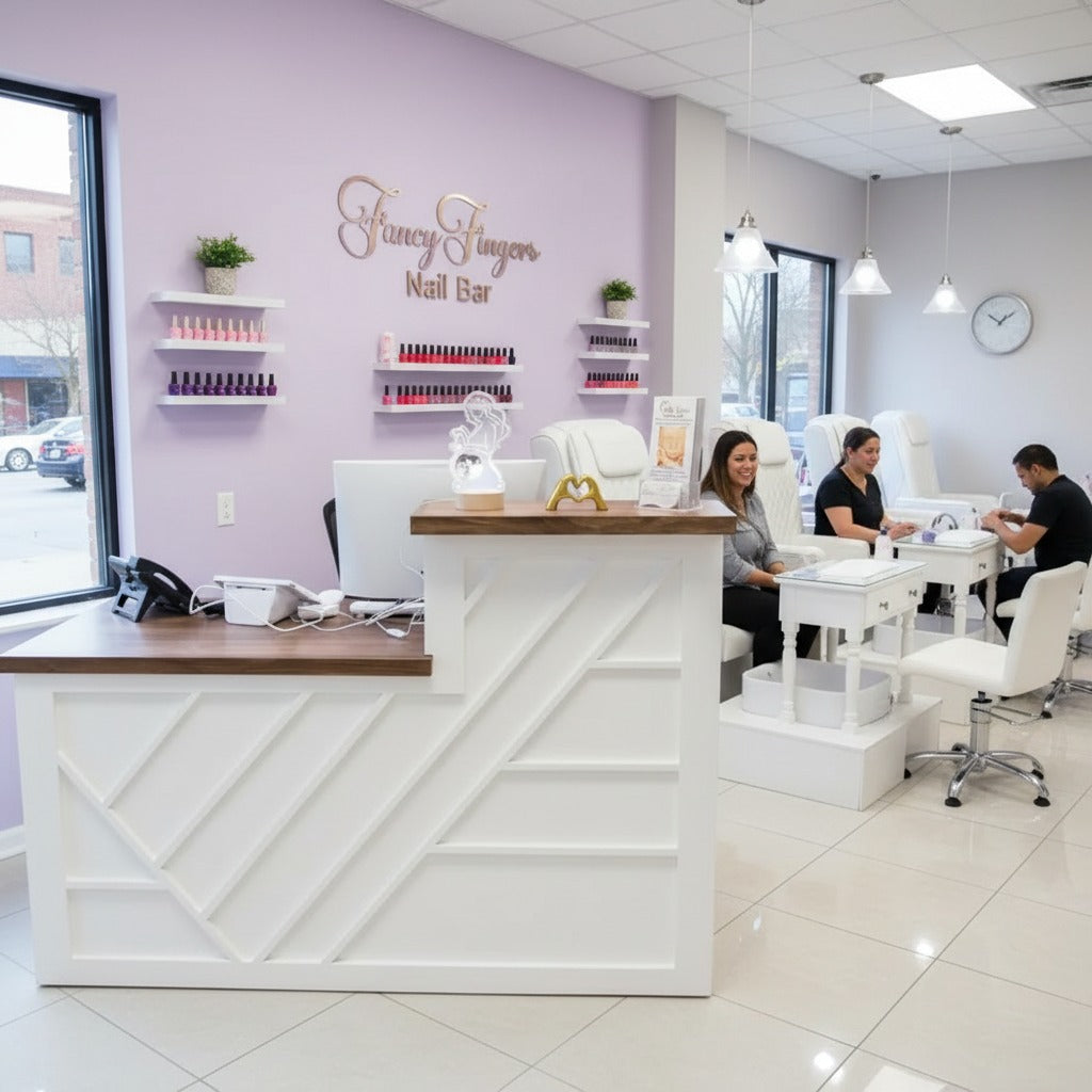 Custom salon reception desk with raised customer counter and lower employee work surface in an active nail studio. Handmade by Red Cloak Home