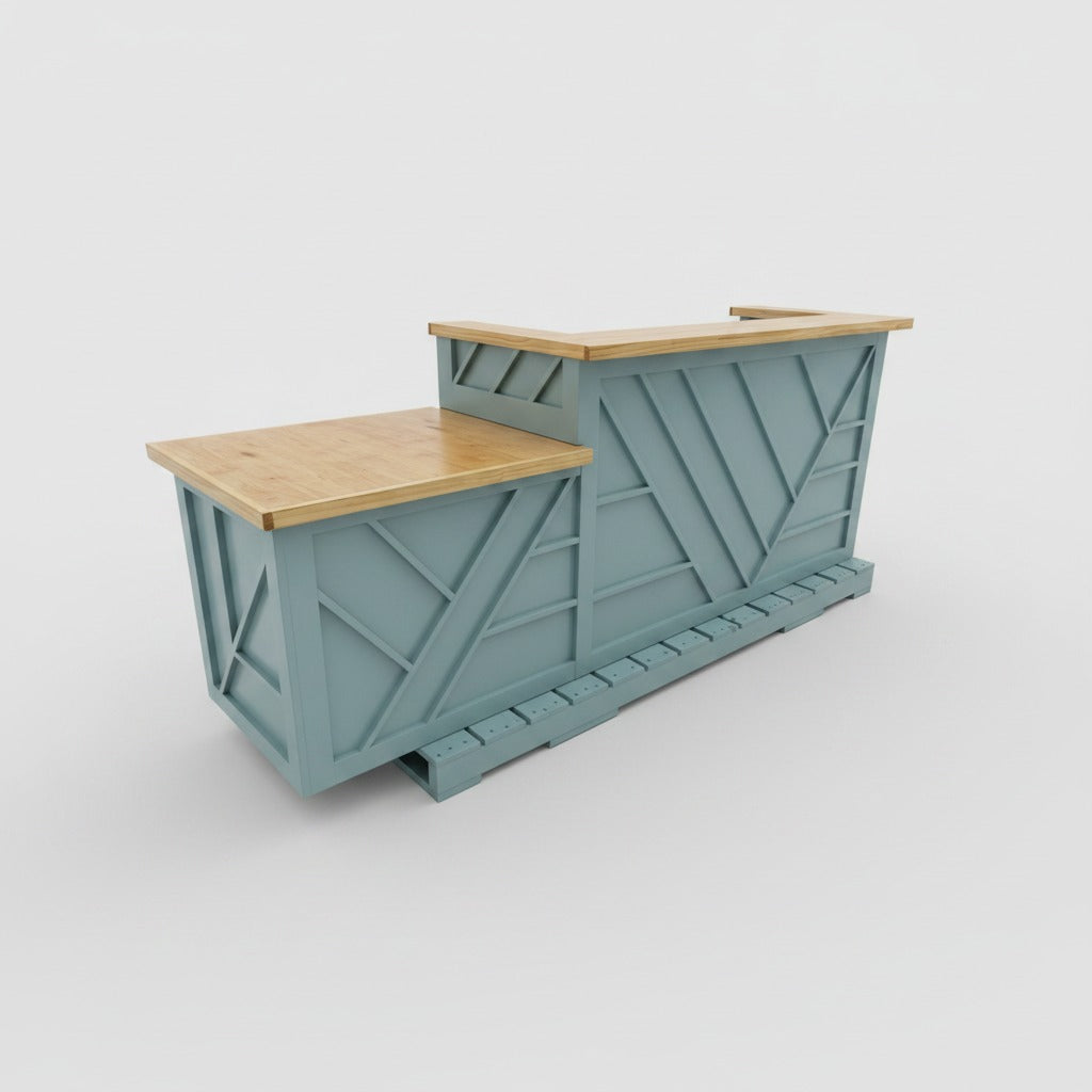 Light blue custom reception desk with natural wood tops, lower employee station, and geometric front design. Handmade by Red Cloak Home