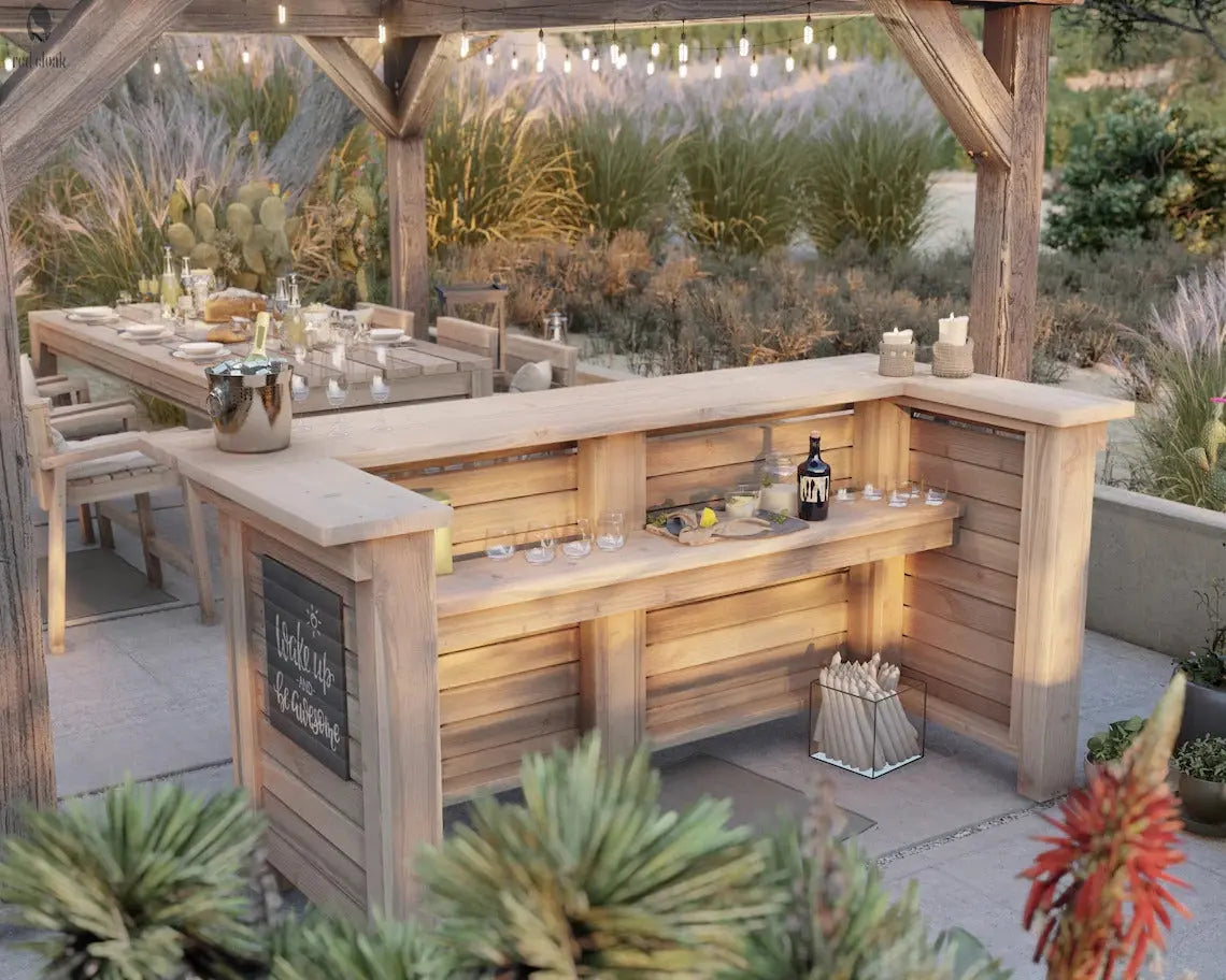 Rear view of the Baby Squatch outdoor bar with interior shelving and natural wood tone, handmade by Red Cloak