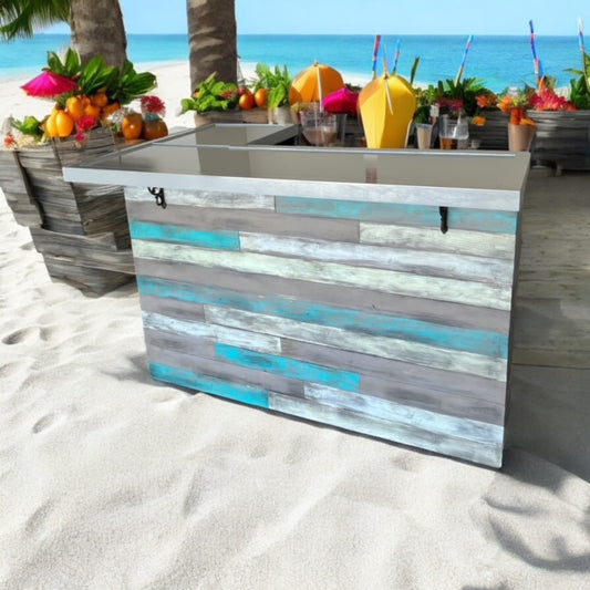 Custom painted coastal L shaped bar made from reclaimed barnwood, styled with beach bar decor by Red Cloak Wood Designs.