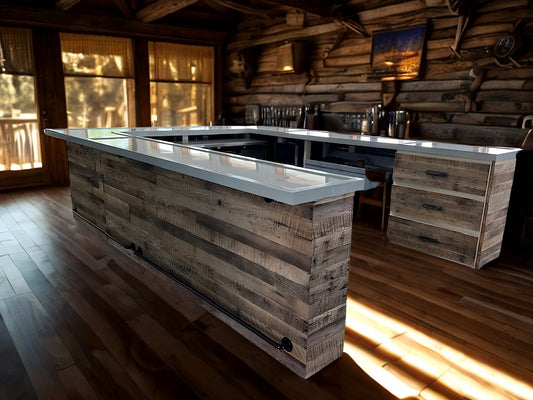 U-shaped reclaimed wood bar with white countertop inside rustic cabin, part of the Big Daddy collection by Red Cloak Home