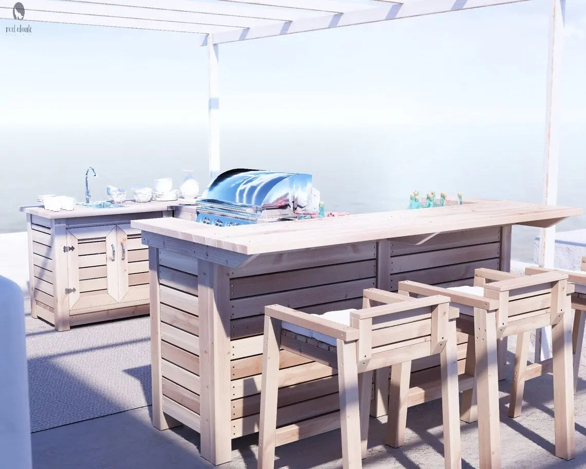 Front view of custom wood bar with built-in grill and sink, ideal for outdoor dining by Red Cloak Wood Designs