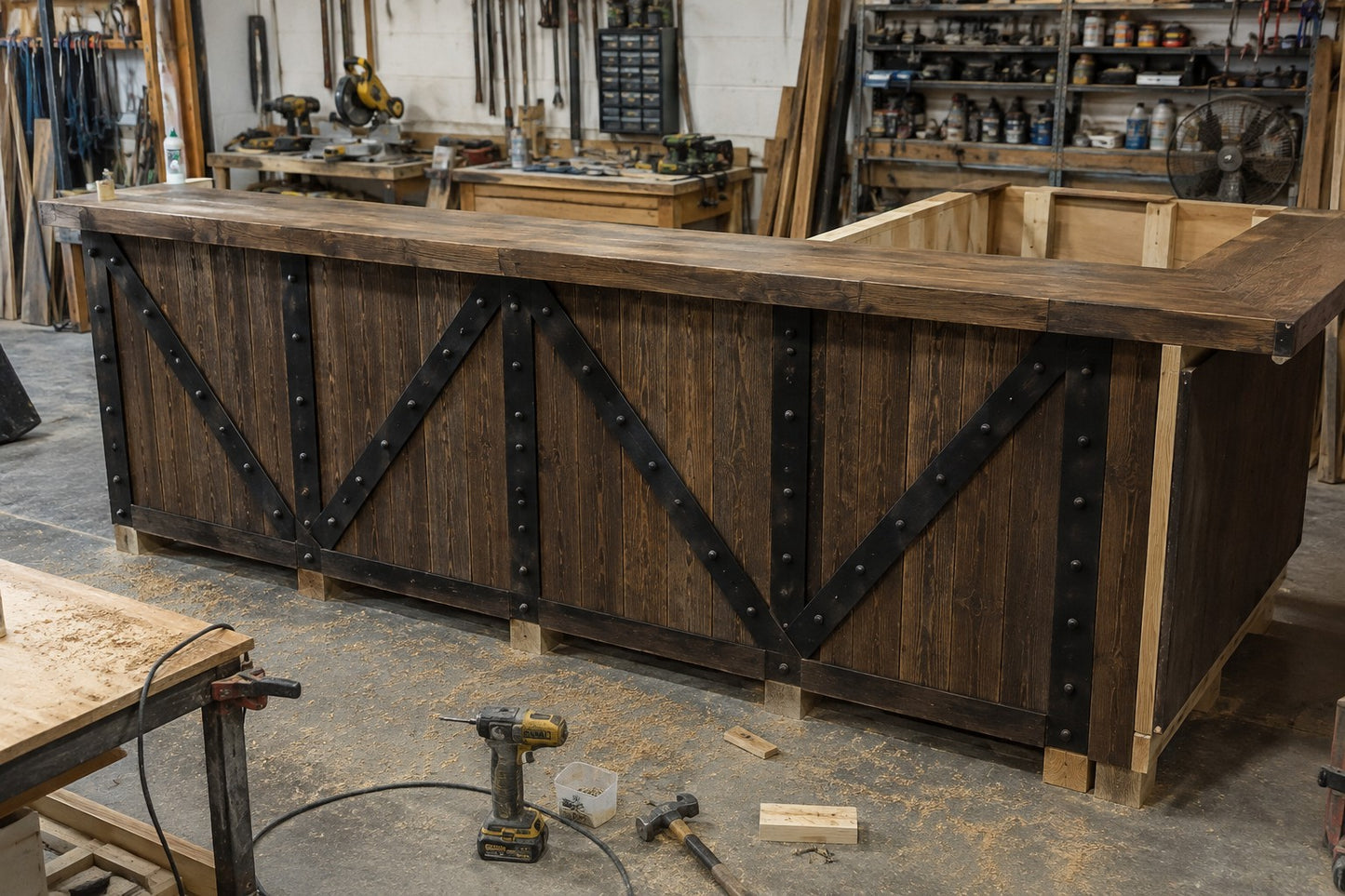 The Frontier 9 Ft Rustic Industrial L-Shaped Home Bar | Reclaimed Barnwood Bar with Black Metal Accents
