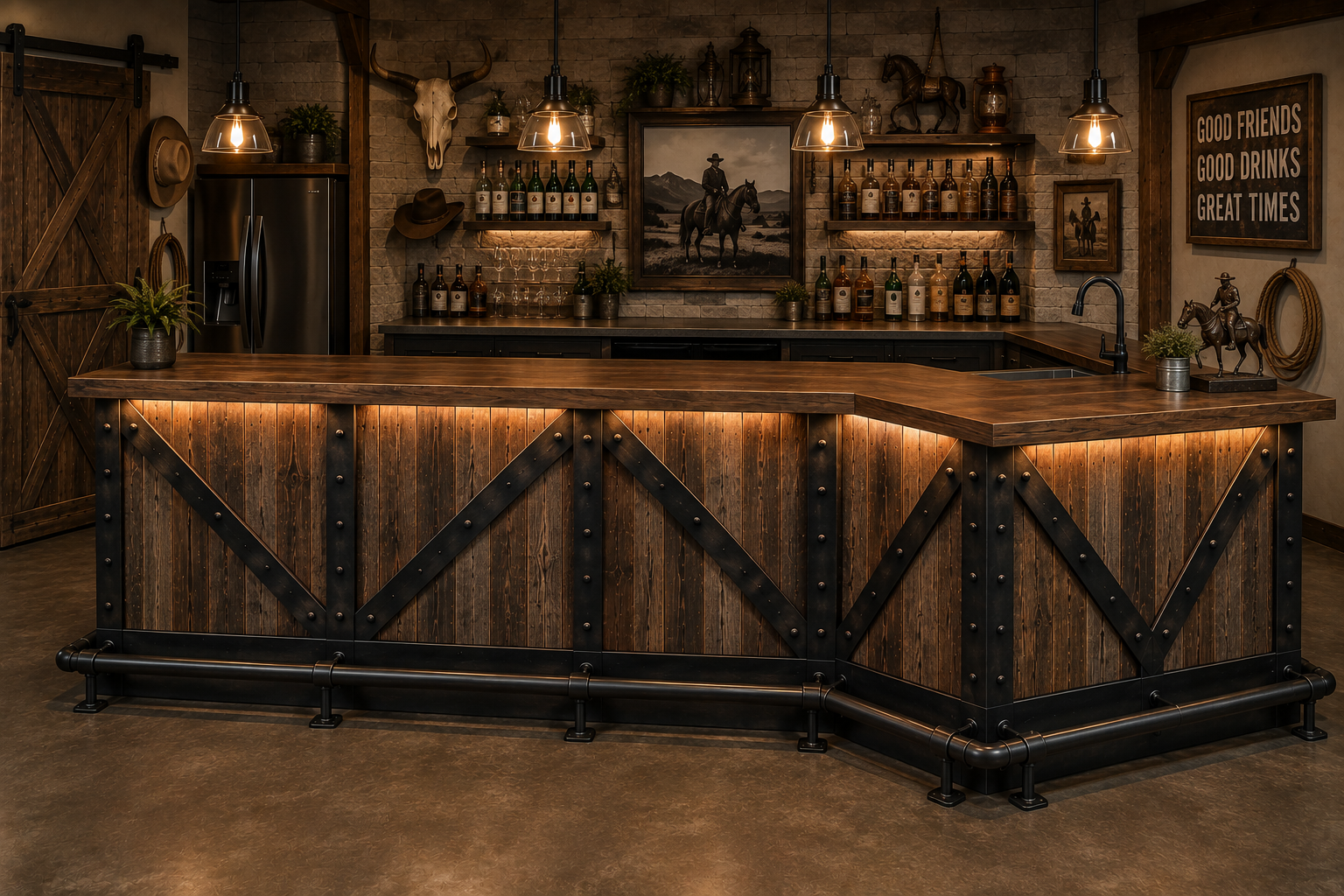 The Frontier 9 ft custom L-shaped home bar by Red Cloak Home with reclaimed barnwood, black industrial X-braces, rivet accents and pipe footrail