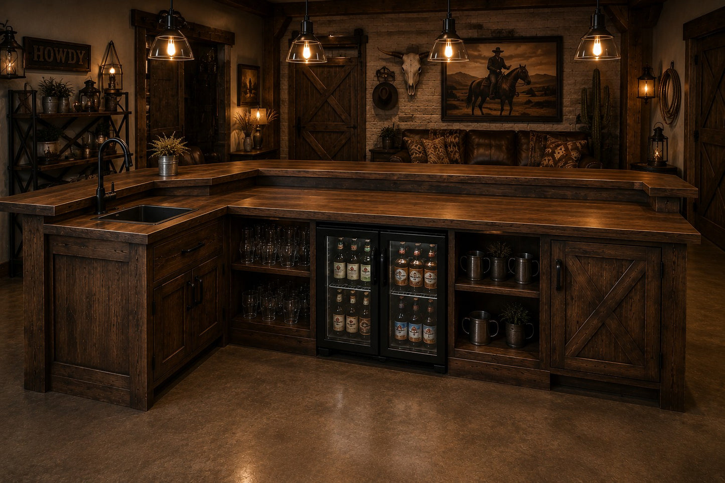 The Frontier rustic industrial L-shaped home bar with reclaimed barnwood front, black X-brace accents, LED lighting and pipe footrail