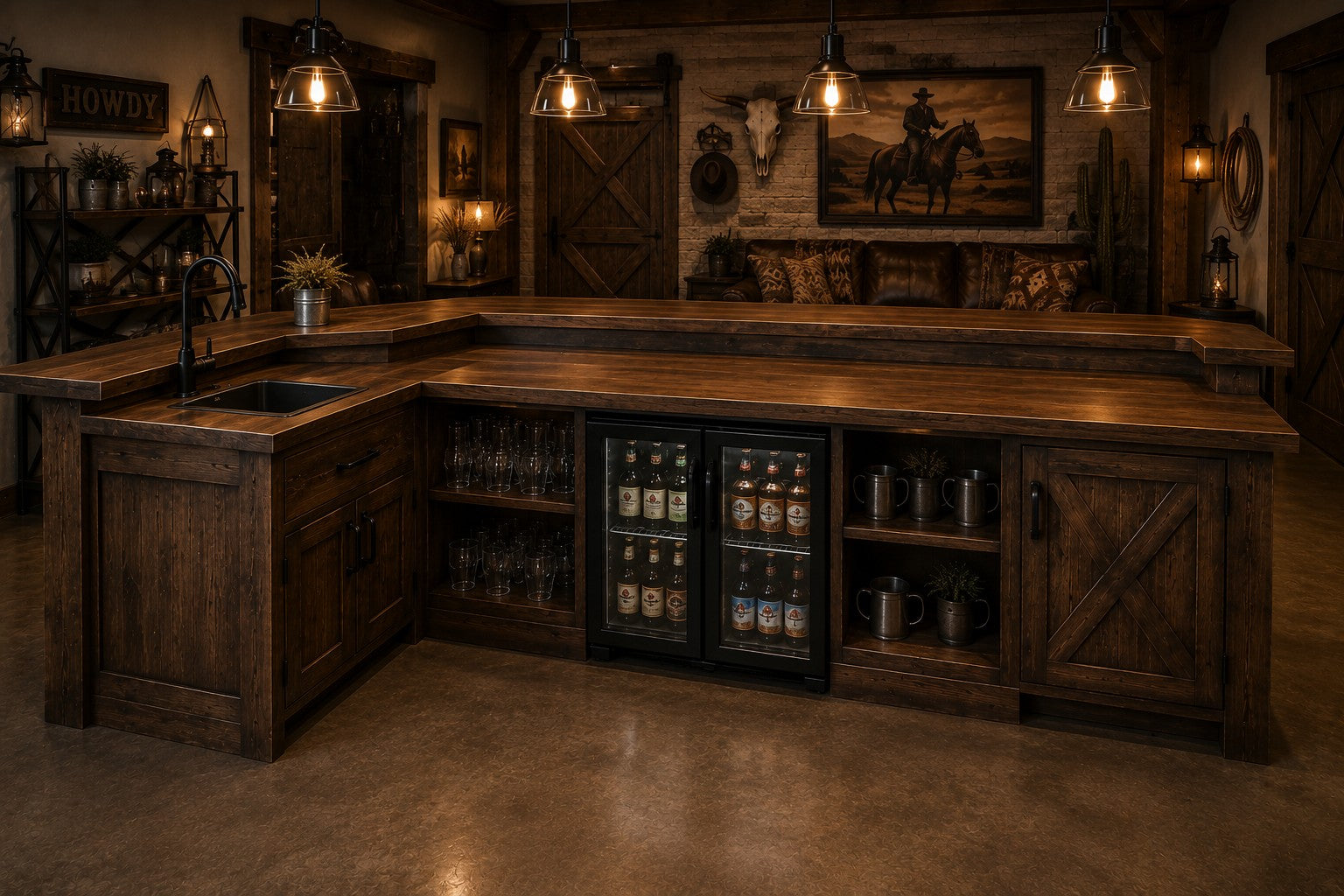 The Frontier rustic industrial L-shaped home bar with reclaimed barnwood front, black X-brace accents, LED lighting and pipe footrail