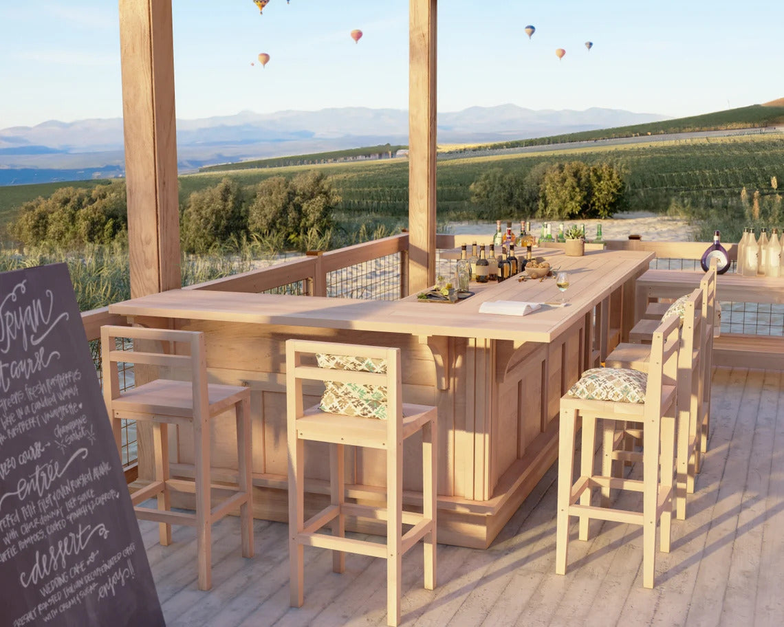 U shaped outdoor wood bar with wraparound seating and stools on covered patio, large home bar furniture with bartender prep area, built for entertaining and backyard hosting
