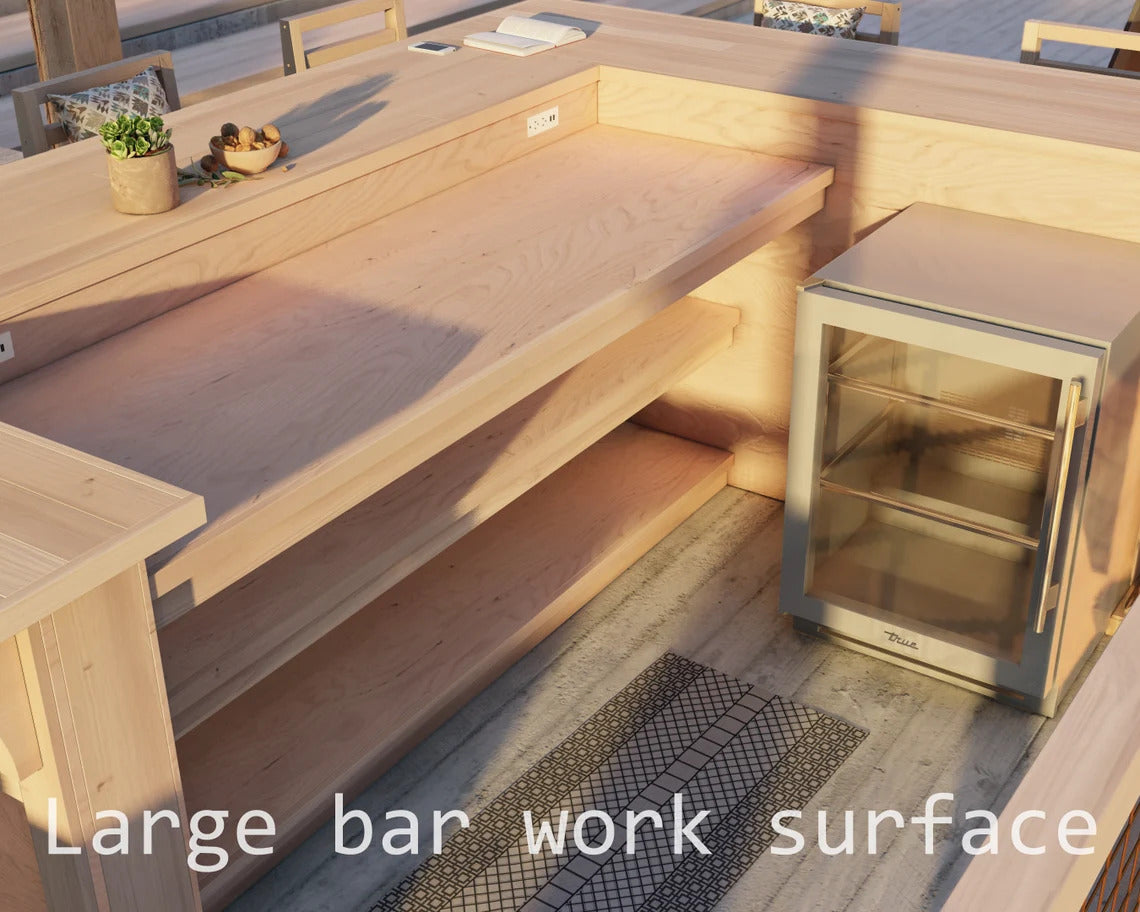 U shaped bar with bartender prep area and large work surface, built in shelving and space for bar fridge, outdoor home bar designed for efficient drink prep and hosting
