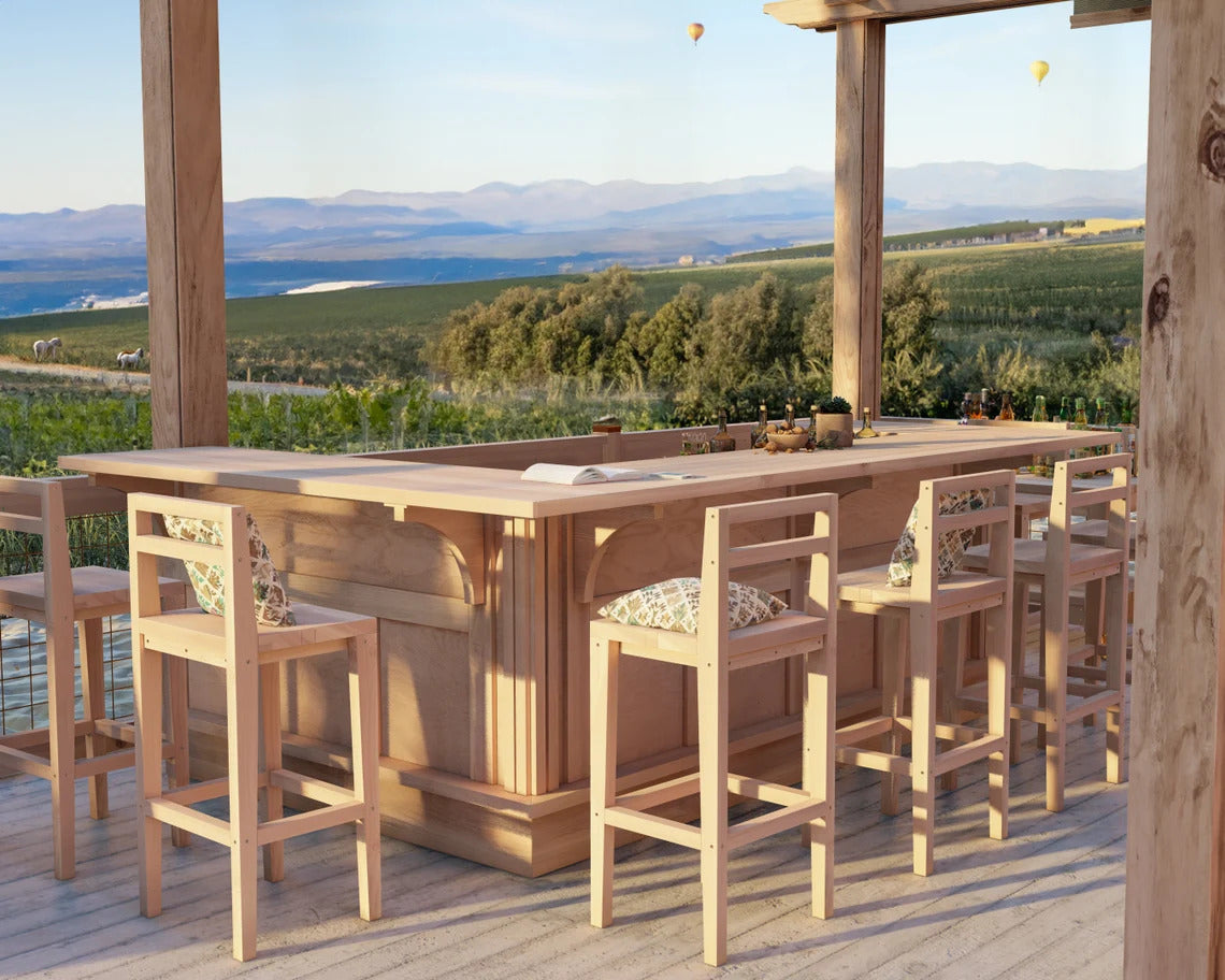 U shaped outdoor wood bar with wraparound seating and stools, large home bar furniture setup on covered patio designed for entertaining and hosting guests comfortably