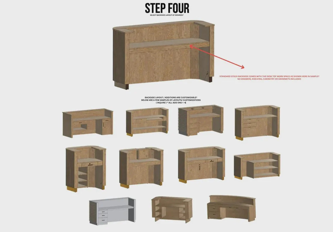 Reception desk backside layout guide showing the standard work area and optional storage configurations. Handmade by Red Cloak Home