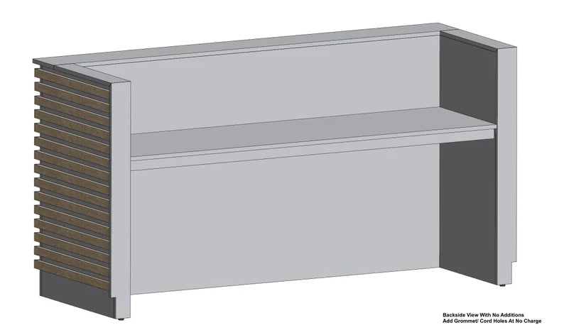 Back view rendering of a custom reception desk with full-width work surface and cord grommet placement. Handmade by Red Cloak Home