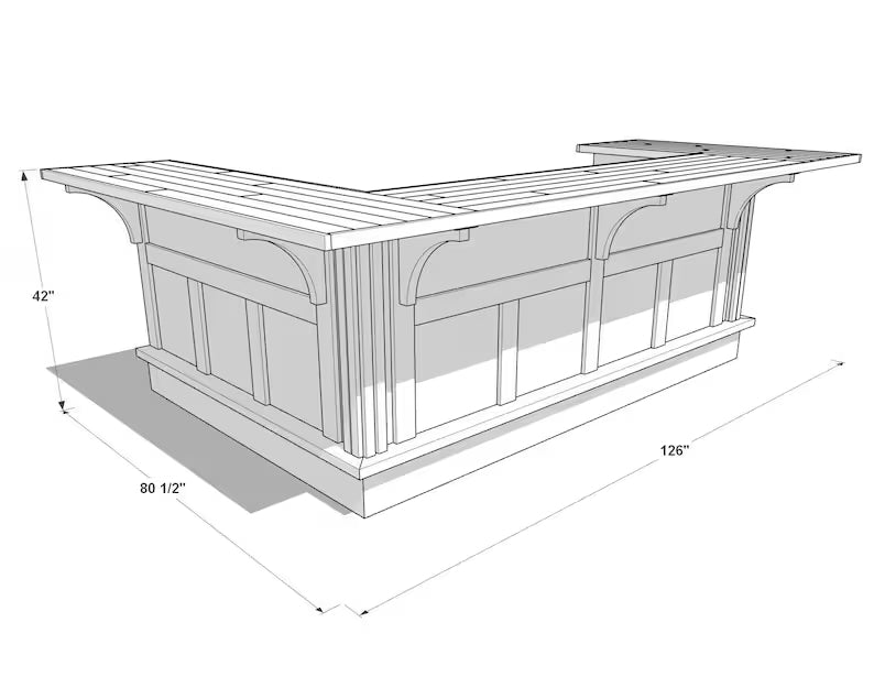 U shaped bar dimensions diagram showing 126 inch length, 80 inch depth and 42 inch height, layout of large wood home bar with wraparound design for seating and prep space
