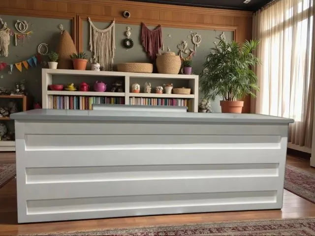 A large white handmade wooden retail counter / checkout counter with horizontal grooved front panels, shown in a decorated room with shelves, plants, and wall decor.