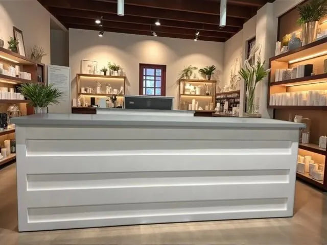A modern white retail counter / checkout counter with horizontal paneling and integrated LED lighting, situated in a styled retail store interior with wooden shelving and warm ambient lighting.