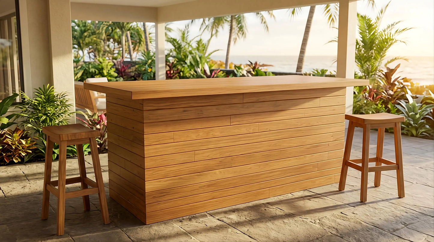 A custom made wooden outdoor bar with two matching wooden bar stools, set on a patio under a covered porch with a tropical ocean and palm tree view in the background.